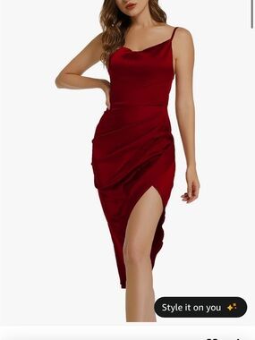 Red Satin Cowl-Neck Midi Dress with Side Slit